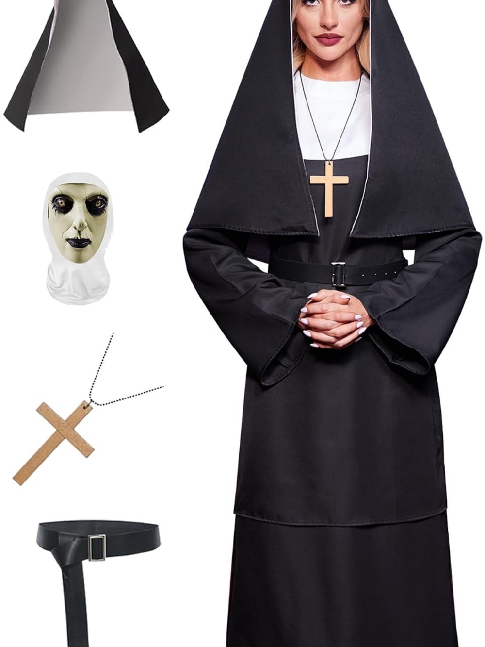 Women 5Pcs Halloween Scary Nun Costume With Scary Mask Black Outfit Set SZ-L